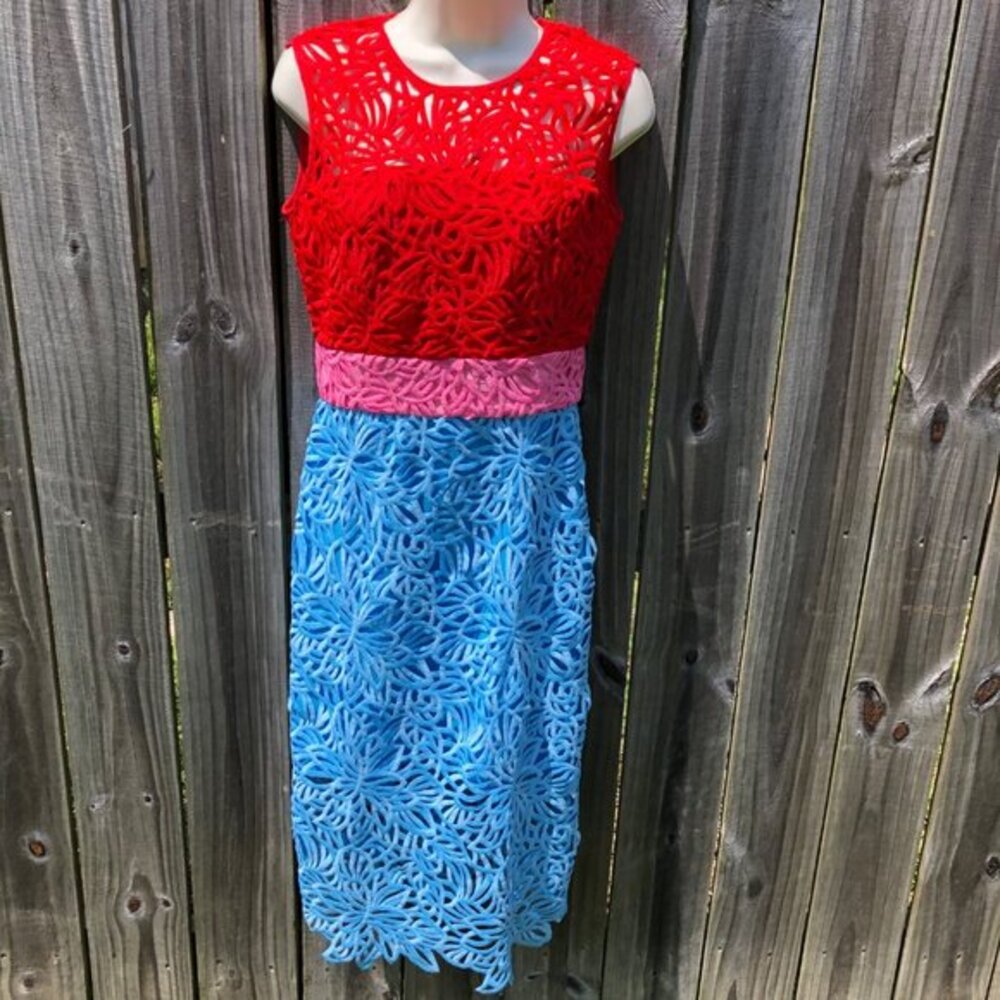 Milly NWT 4 Midi Dress Sheath Sleeveless Red Blue Pink Small Kimmy Remu Floral